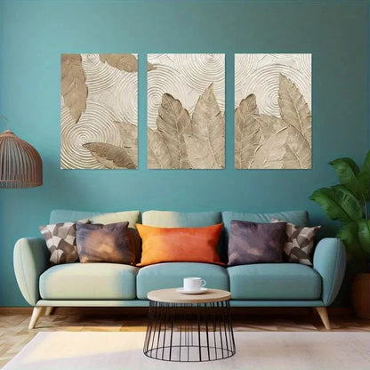3pcs Elegant Beige Leaf and Swirl Texture Metal Print Ready to Hang Art