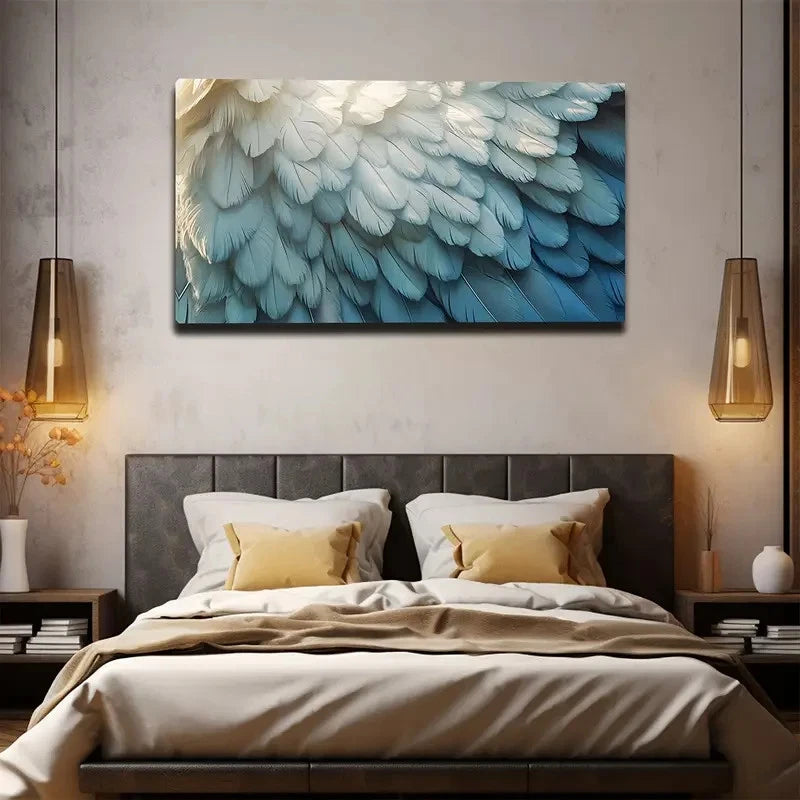 Vibrant Blue and White Feather Wall Art canvas office home room framed 120x60cm