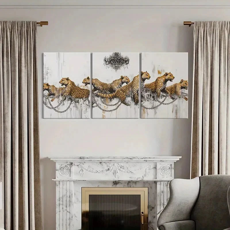 3pcs Leopard Chains Abstract Art Modern Design Metal Print Ready to Hang Art - Bella Home Decor