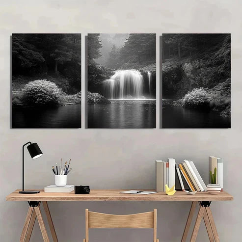 3pcs Black and White Waterfall Serene Forest Wall Art Canvas Unframed - High Quality Print 100% Australian Made Wall Canvas - Bella Home Decor