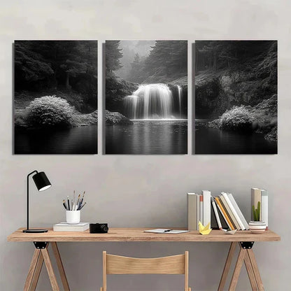 3pcs Black and White Waterfall Serene Forest Wall Art Canvas Unframed - High Quality Print 100% Australian Made Wall Canvas - Bella Home Decor