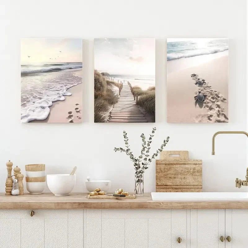 3pcs Beach Turtle & Coastal Path Prints Metal Print Ready to Hang Art - Bella Home Decor