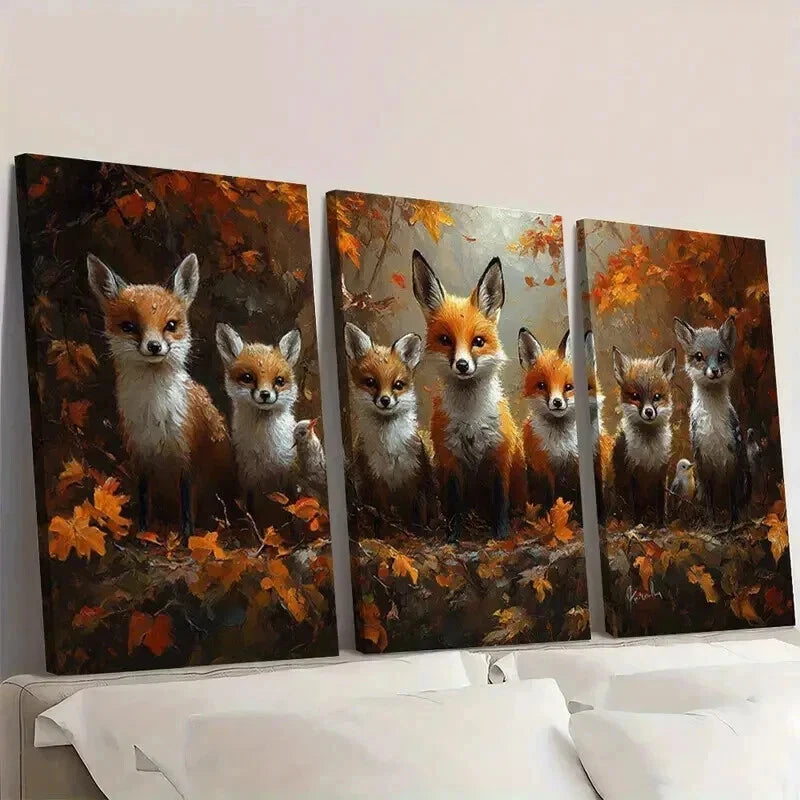 3pcs Fox Family in Vibrant Autumn Forest Wall Art Set Canvas Framed 60x90cm - High Quality Print 100% Australian Made Wall Canvas Ready to Hang