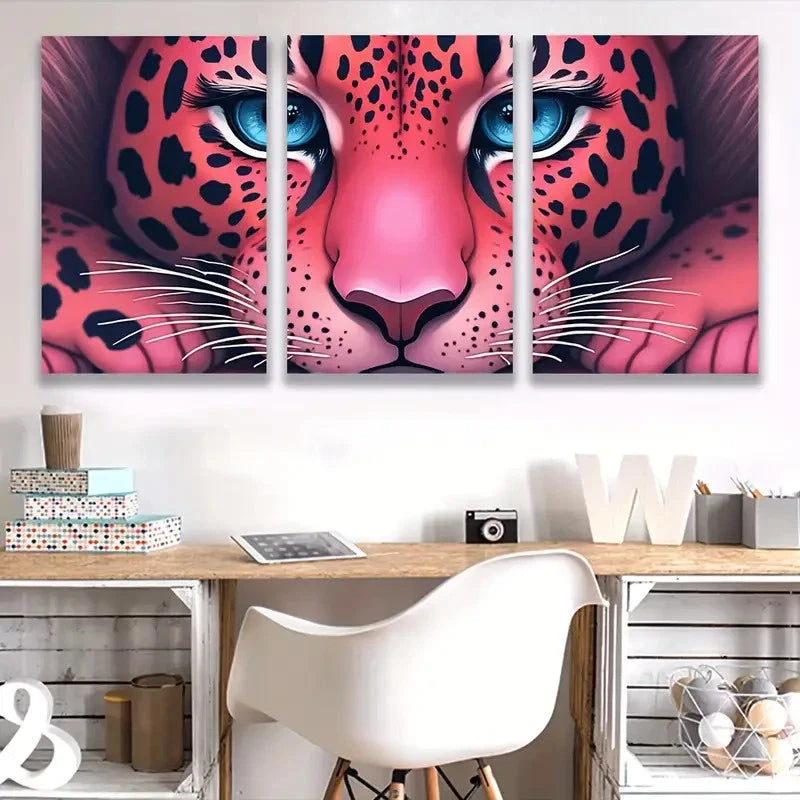3pcs Blue Eyes & Pinkish Pink Leopard Print Wall Art Set Canvas Framed 50x70cm - High Quality Print 100% Australian Made Wall Canvas Ready to Hang - Bella Home Decor