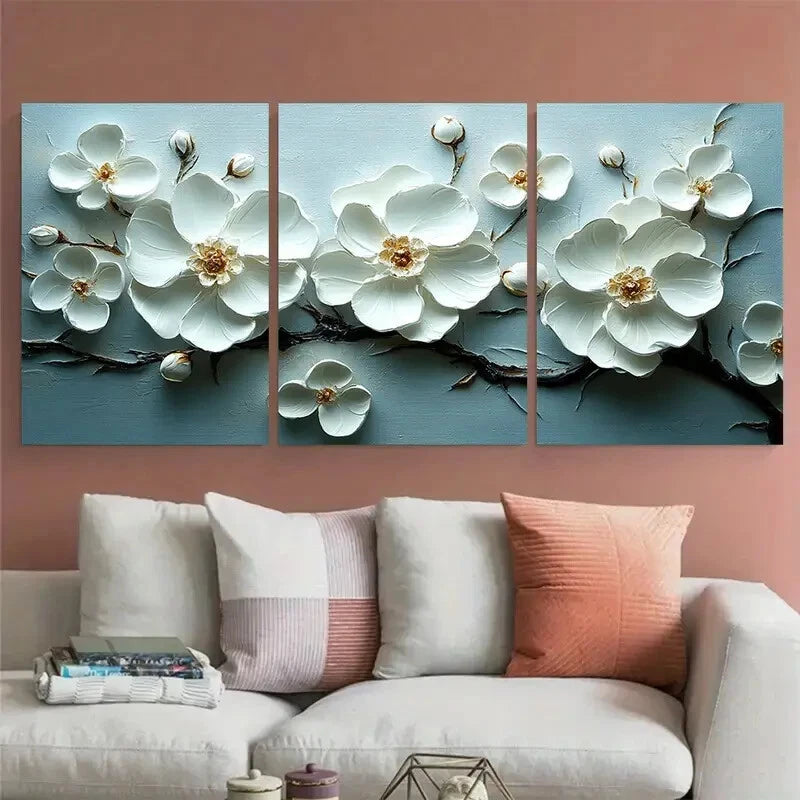 3pcs White Floral Delicate Textured Flowers Metal Print Ready to Hang Art - Bella Home Decor