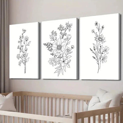 3pcs Black and White Botanical Floral Theme Wall Art Set Canvas Unframed - High Quality Print 100% Australian Made Wall Canvas - Bella Home Decor