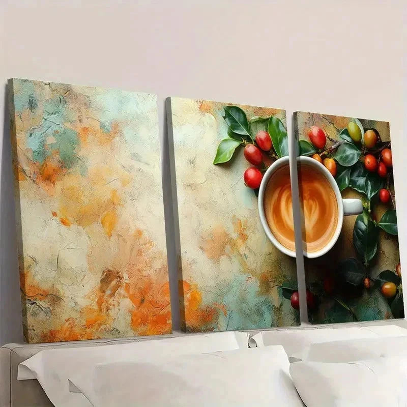 3pcs Abstract Coffee Designs with Fresh Berries   Wall Art Set Canvas Framed 50x70cm - High Quality Print 100% Australian Made Wall Canvas Ready to Hang - Bella Home Decor