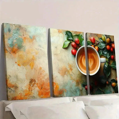 3pcs Abstract Coffee Designs with Fresh Berries   Wall Art Set Canvas Framed 50x70cm - High Quality Print 100% Australian Made Wall Canvas Ready to Hang - Bella Home Decor