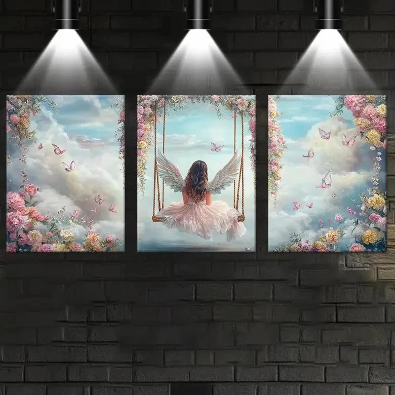 3pcs Angel Sitting On A Swing Artwork Metal Print Ready to Hang Art - Bella Home Decor