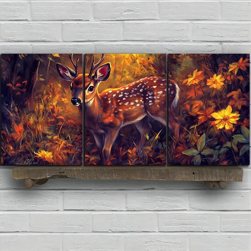 3pcs Deer Under The Sun Forest Flowers Metal Print Ready to Hang Art - Bella Home Decor