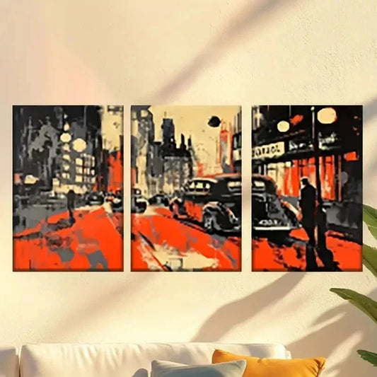 3pcs Vibrant City Street Scene with Cars & Neon Wall Art Set Canvas Framed 60x90cm - High Quality Print 100% Australian Made Wall Canvas Ready to Hang