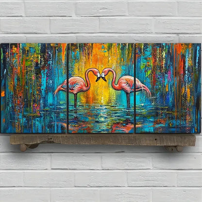3pcs Pink Flamingos Colourful Yellow Blue Metal Print Ready to Hang Art - Bella Home Decor