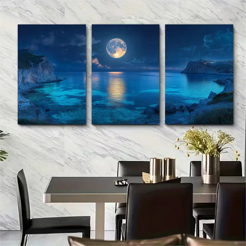 3pcs Open Water Moonlit Metal Print Ready to Hang Art