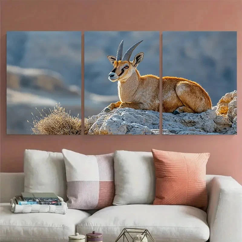 3pcs Nubian Ibex on Makhtesh Ramon Cliffs Wildlife Metal Print Ready to Hang Art - Bella Home Decor