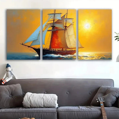 3pcs Nautical Sailboat at Sunset Ocean Scene Wall Art Set Canvas Framed 40x60cm - High Quality Print 100% Australian Made Wall Canvas Ready to Hang