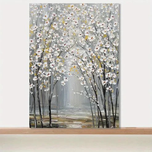 Abstract White Blossoming Tree Painting 60x90cm Metal Print Ready to Hang