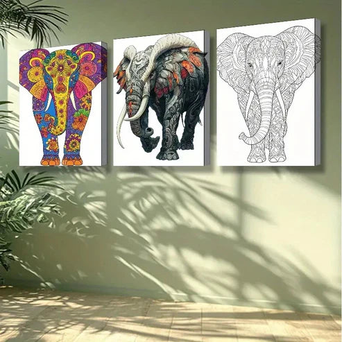 3pcs Stylized Elephant Animal Wall Art Set Canvas Unframed - High Quality Print 100% Australian Made Wall Canvas