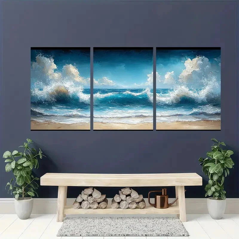 3pcs Coastline Ocean Waves & Beach Scenery Metal Print Ready to Hang Art - Bella Home Decor