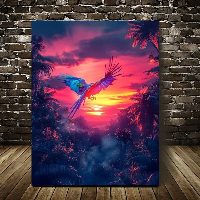 Neon Glow Sunset Scene Tropical Jungle 40x60cm Metal Print Ready to Hang
