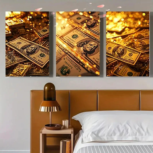 3pcs Golden Currency Design GC Wall Art Canvas Framed 40x60cm - High Quality Print 100% Australian Made Wall Canvas Ready to Hang