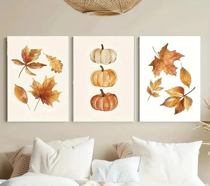 3pcs Autumn Maple Leaves & Pumpkin Metal Print Ready to Hang Art - Bella Home Decor