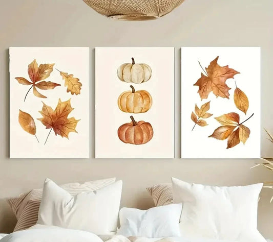 3pcs Autumn Maple Leaves & Pumpkin Metal Print Ready to Hang Art