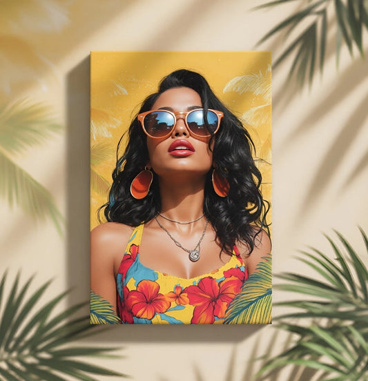 Summer Sunset Pop Art Woman Hawaii Beach 40x60cm Metal Print Ready to Hang