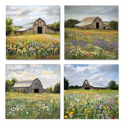 4pcsRustic Barn & WildflowerWall Art Canvas Framed