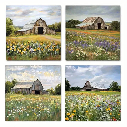 4pcsRustic Barn & WildflowerWall Art Canvas Framed