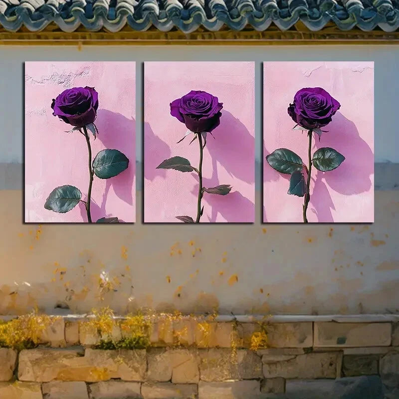 3pcs Vibrant Purple Rose in Pink Background Metal Print Ready to Hang Art - Bella Home Decor