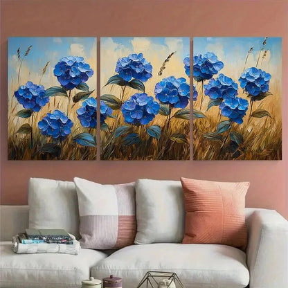 3pcs Hydrangea Flowers Meadow Impasto Design Metal Print Ready to Hang Art - Bella Home Decor