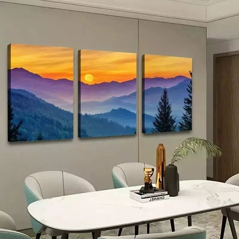 3pcs Sunset Mountains Trees Wall Art Set Canvas Framed 50x70cm - High Quality Print 100% Australian Made Wall Canvas Ready to Hang