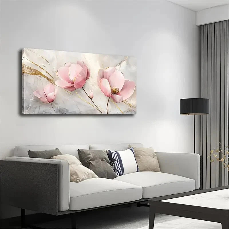 Pink Floral With Golden Accents Wall Art Canvas Office Home Room Framed 120x60cm - Bella Home Decor