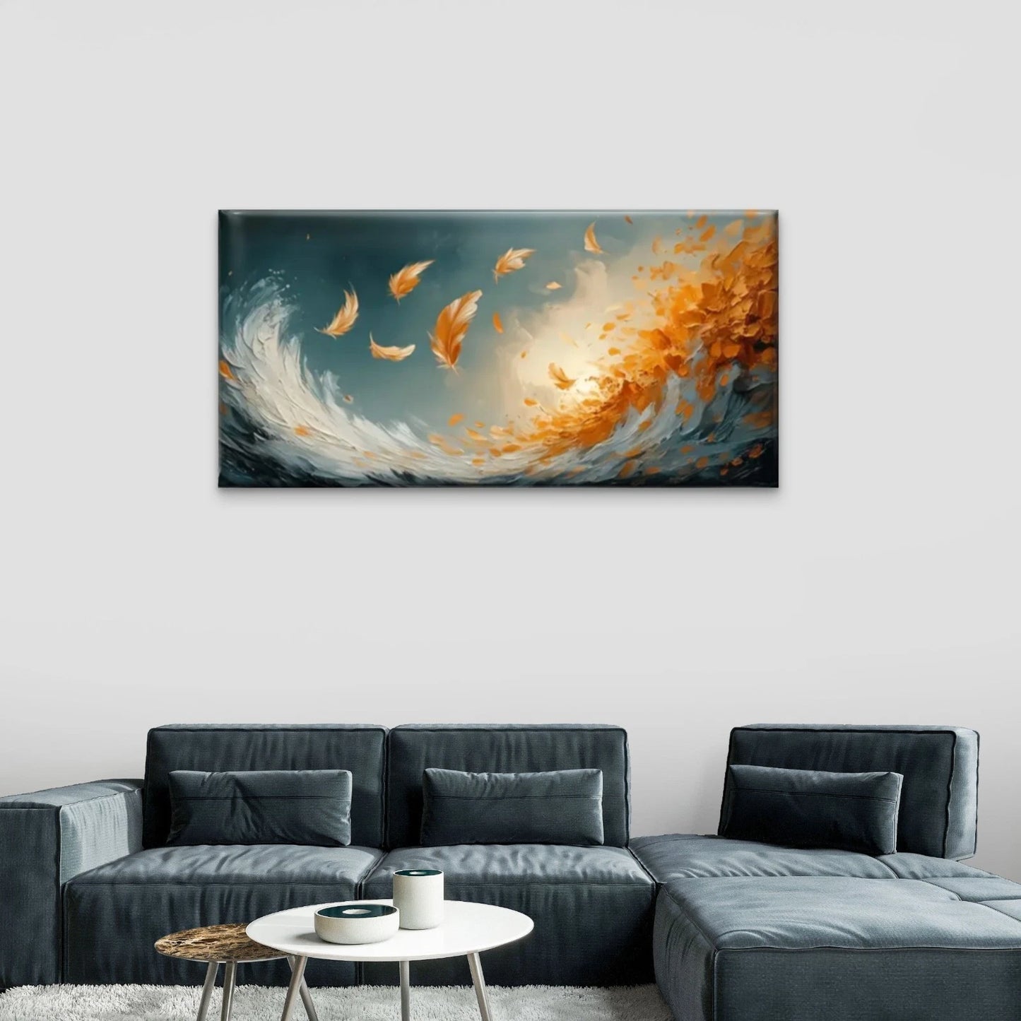 Waves Orange Feathers Wall Art Canvas Office Home Room Framed 120x60cm