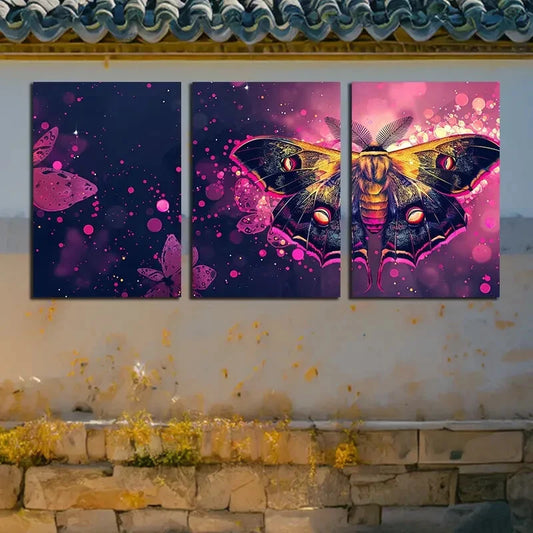 3pcs Vibrant Moth Design Illustration Metal Print Ready to Hang Art