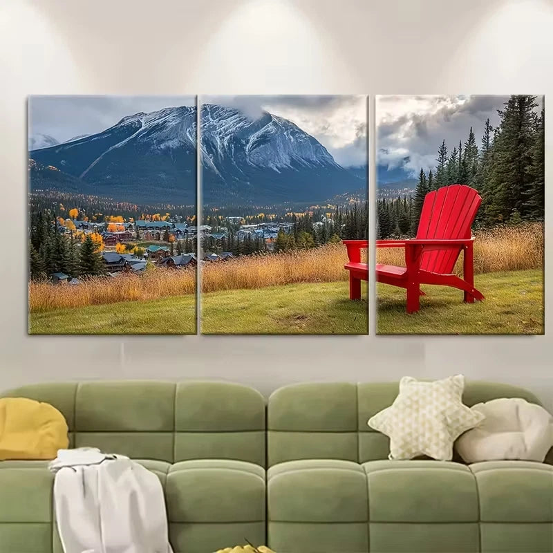 3pcs Red Chair Over Collingwood Blue Mountain Metal Print Ready to Hang Art