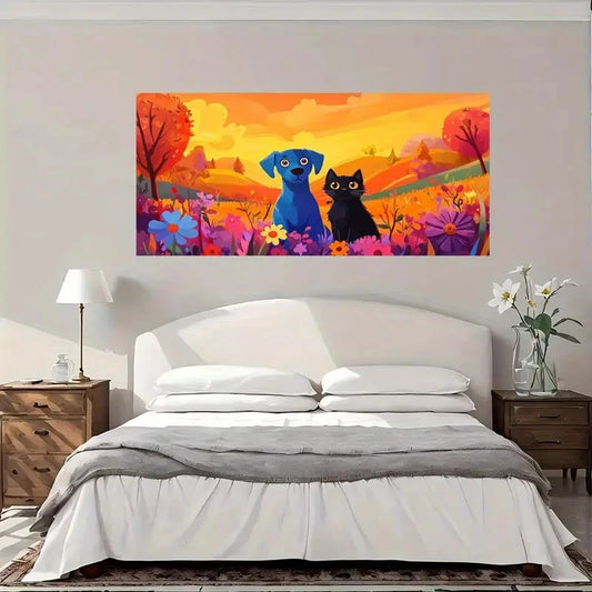 Autumnal Field Dog & Cat Wall Art Canvas Office Home Room Framed 120x60cm