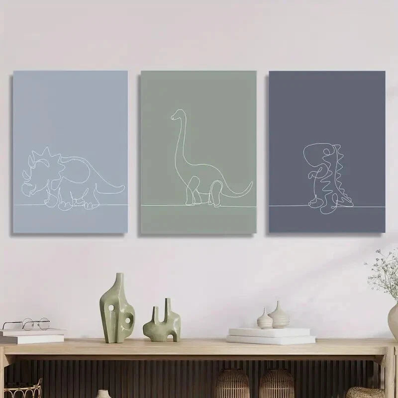 3pcs Minimalist Line Drawings of Dinosaurs Metal Print Ready to Hang Art - Bella Home Decor