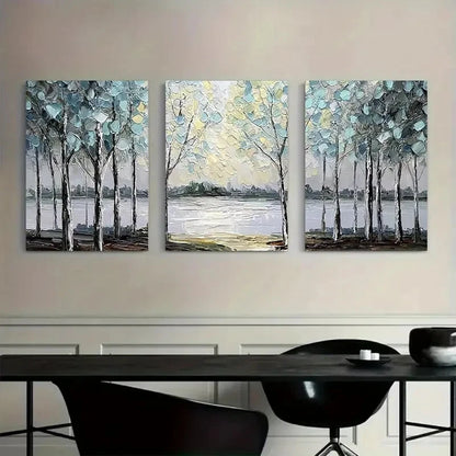 3pcs Abstract Trees with Light Blue Leaves Metal Print Ready to Hang Art - Bella Home Decor