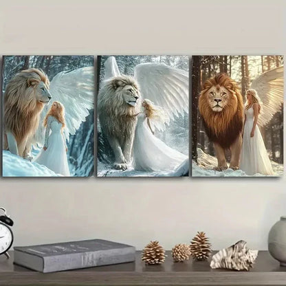 3pcs The girl and the lion in the snow Wall Art Set Canvas Unframed - High Quality Print 100% Australian Made Wall Canvas