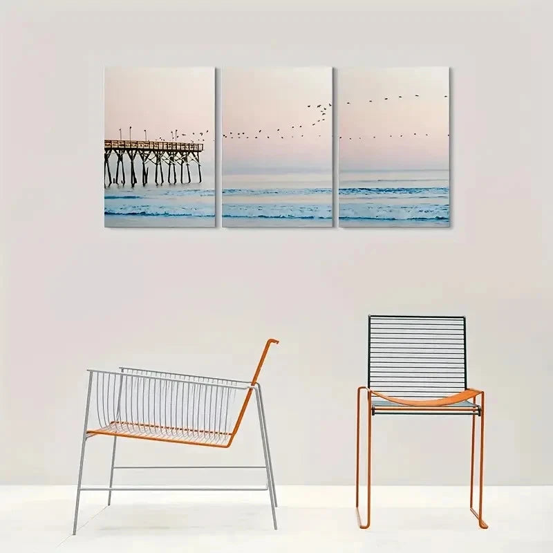 3pcs Coastal Birds Flying Over Beach Scene Metal Print Ready to Hang Art - Bella Home Decor