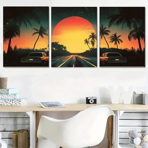 3pcs Retro Sunset Road with Palm Trees Wall Art Canvas Unframed - High Quality Print 100% Australian Made Wall Canvas