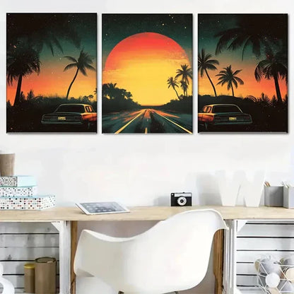 3pcs Retro Sunset Road with Palm Trees Wall Art Canvas Unframed - High Quality Print 100% Australian Made Wall Canvas