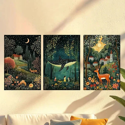 3pcs Tropical jungle Moon Sun and whale deer Wall Art Set Canvas Unframed - High Quality Print 100% Australian Made Wall Canvas