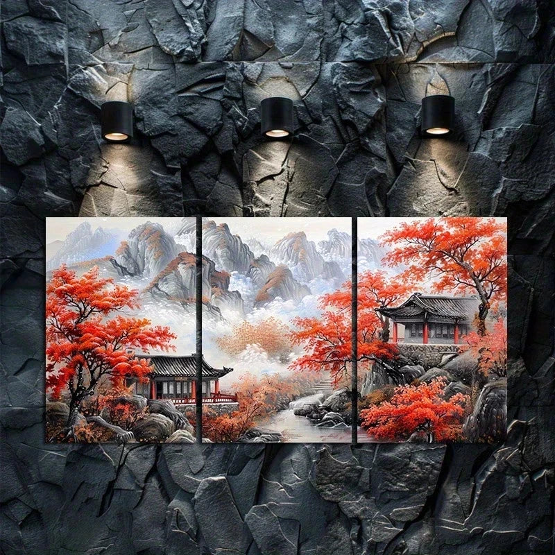 3pcs Serene Traditional Chinese Architecture Metal Print Ready to Hang Art