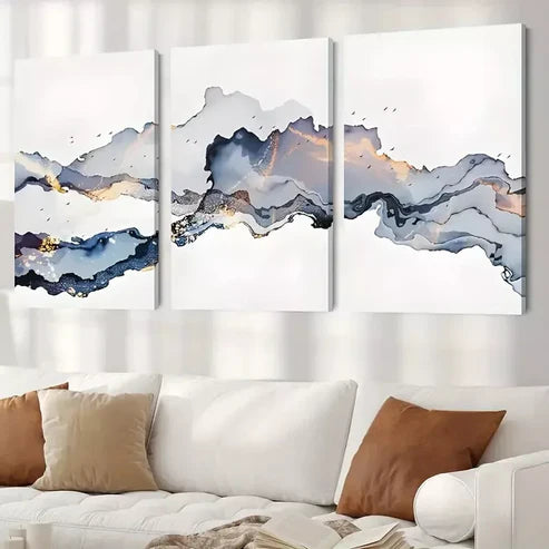 3pcs Blue Gold Smoke Wave Wall Art Canvas Unframed - High Quality Print 100% Australian Made Wall Canvas