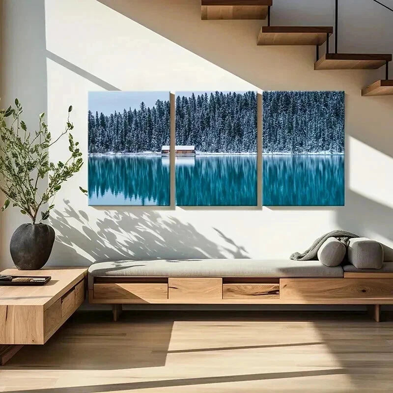 3pcs Snow Cabin Lake Forest Modern Wall Art Set Canvas Framed 40x60cm - High Quality Print 100% Australian Made Wall Canvas Ready to Hang - Bella Home Decor