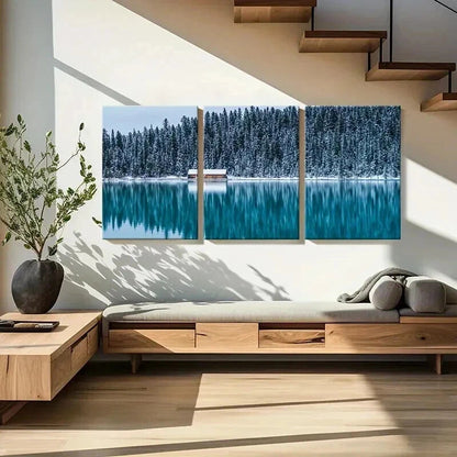 3pcs Snow Cabin Lake Forest Modern Wall Art Set Canvas Framed 40x60cm - High Quality Print 100% Australian Made Wall Canvas Ready to Hang - Bella Home Decor