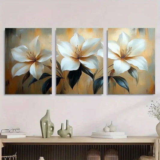 3pcs Painting White Flower Green Leaves Metal Print Ready to Hang Art