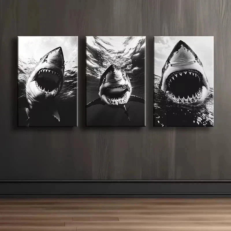 3pcs Great White Shark Illustration Metal Print Ready to Hang Art